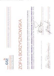 Certyfikat terapeuty Integracji Strukturalnej Zofii Borzyszkowskiej wydany przez EGSI.